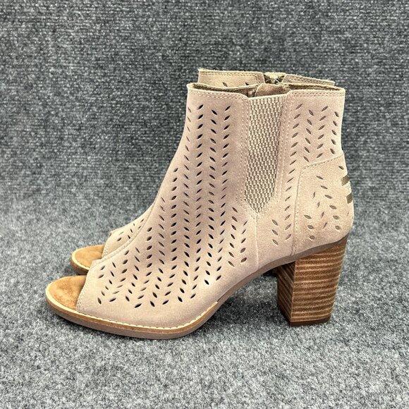 Toms Majorca Peep Toe Booties Womens 7.5 Taupe Suede Perforated Leaf Ankle Boots - Picture 4 of 13